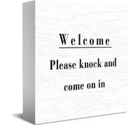 Feehiget Welcomeplease Knock And Come On In Wood Box Sign Decor Desk Sign Rustic Home Shelf Wall Decoration Grad Gift 5 X 5 Inches