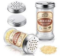 Feekoon 2 Pack Glass Spices Shaker with 4 Stainless Steel Lids, 12 Oz Parmesan Cheese Shaker, Sugar Pourer Airtight, Spices Jar, Salt Pepper Dispenser for Coffee Bar Home Kitchen Restaurant Supplies
