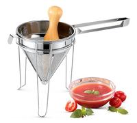 Feekoon Stainless Steel Chinois Strainer with Stand and Wooden Pestle Set, China Cap Strainer for Tomato, Berry, Fruit, Egg, Soup and Other Canning Jam Making Supplies, 15.35 x 7.67 x 7.28 inch