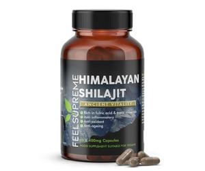 Feel Supreme - Himalayan Shilajit Capsules - 100% Pure and Natural, Tasteless - Rich in Trace Minerals, Iron, Fulvic and Humic Acid - Shilajit Supplement - 60 x 400mg