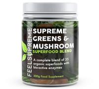 Feel Supreme - Super Greens Powder with Mushroom - 35 Nutrient Dense Organic Superfoods, no Added Sugar - High in Fibre, Protein, Vitamin C, Spirulina - Greens Supplement, Mushroom Powder - 300g