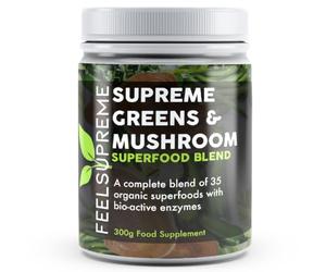 Feel Supreme - Super Greens Powder with Mushroom - 35 Nutrient Dense Organic Superfoods, no Added Sugar - High in Fibre, Protein, Vitamin C, Spirulina - Greens Supplement, Mushroom Powder - 300g
