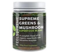 Feel Supreme - Super Greens Powder with Mushroom - 35 Nutrient Dense Superfoods, Natural, no Added Sugar - High in Fibre, Protein, Vitamin C, Spirulina - Greens Supplement, Mushroom Powder - 300g