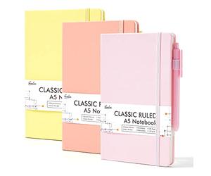 feela 3 Pack A5 Notebooks, 120GSM Lined Paper with Gel Pens, Warm Pastels | College Ruled Hardback Notepads for Work, Study, School, Office, 128 Pages, 21 x 13 cm, Pale Yellow, Light Pink, Pale Orange