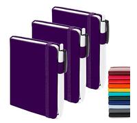 feela 3 Pack Pocket Notebook Journals, Mini Cute Small Journal Notebook Bulk Hardcover College Ruled Notepad with Pen Holder for Office School Supplies, with 3 Black Pens, 3.5”x 5.5”, A6, Purple