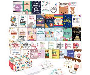 feela 40 Happy Birthday Cards Pack, 40 Designs Birthday Cards Multipack and 40 Blank Envelopes, 48 Pieces of Stickers 2 Washi Tapes, 10X15cm Blank Greeting Cards for Women, Men, Friends and Kids