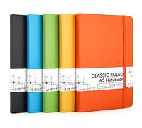 feela 5 Pack A5 Notebooks Multipack, Ruled Lined Notepads A5 (120 GSM), Hardback Journal Notebook with 5 Black Gel Pens for Work, Study, School, 128 Pages/Pack, 21 x 13 cm, Solid Colours