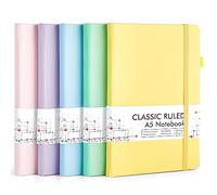 feela 5 Pack A5 Notebooks Multipack, Ruled Lined Notepads A5 (120 GSM), Hardback Journal Notebook with 5 Black Gel Pens for Work, Study, School, 128 Pages/Pack, 21 x 13 cm, Pastel Colours