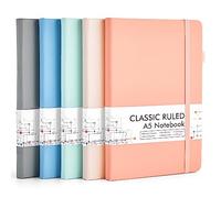 feela 5 Pack A5 Notebooks Multipack, Ruled Lined Notepads A5 (120 GSM), Hardback Journal Notebook with 5 Black Gel Pens for Work, Study, School, 128 Pages/Pack, 21 x 13 cm, Mild Colours