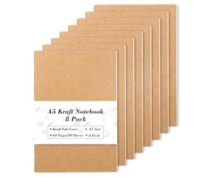 feela 8 Pack Kraft Notebooks A5, 60 Pages Lined Notepad Journal Bulk, Soft Brown Cover Multipack Notebooks for Students Travelers Making Plans, Writing Memos Office School Supplies, 14X21cm