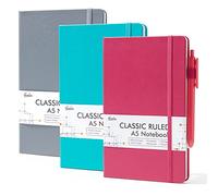 feela A5 Notebooks Multipack, 3 Pack Ruled Lined Notepads A5 (120 GSM), Hardback Journal Notebook with 3 Black Gel Pens, 128 Pages/Pack, 21 x 13cm, Solid Colours, Gray, Berry, Emerald