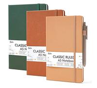 feela A5 Notebooks Multipack, 3 Pack Ruled Lined Notepads A5 (120 GSM), Hardback Journal Notebook with 3 Black Gel Pens, 128 Pages/Pack, 21 x 13cm, Vintage Colours, Green, Orange, Brown