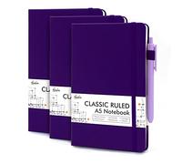 feela A5 Notebooks Multipack, 3 Pack Ruled Lined Notepads A5 (120 GSM), Hardback Journal Notebook with 3 Black Gel Pens, 128 Pages/Pack, 21 x 13cm, Purple