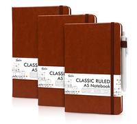 feela A5 Notebooks Multipack, 3 Pack Ruled Lined Notepads A5 (120 GSM), Hardback Journal Notebook with 3 Black Gel Pens, 128 Pages/Pack, 21 x 13cm, Brown