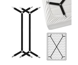 FeelAtHome Bed Sheet Holder Straps Criss-Cross - Sheets Stays Suspenders Keeping Fitted Or Flat Bedsheet in Place - for Twin Queen King Mattress Holders Elastic Clips Grippers Fasteners Garters Bands