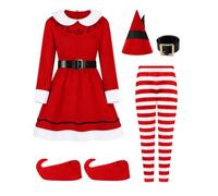 Feelcrag Christmas Elf Costume Clothes For Women, Elf Cosplay Dress Christmas Costume Sets Red/Green Tunic Hat With Pom Pom Red And Green Tights Elfs Outfit Cosplay, Adult For Holiday Party Dress Up