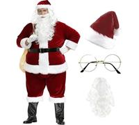 Feelcrag Christmas Men's Santa Costume Set Santa Claus Costume Professional Christmas Claus Outfit Adult Deluxe Suit Dress Up Outfits Hat And Beard for Adults Deluxe Velvet Cosplay Fancy Dress