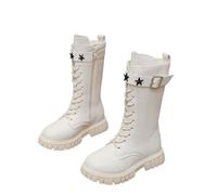 Feelcrag Girls Knee High Boots Kids Lace Up Side Zipper Sweet Steampunk Style Thick Rubber Sole Stitching Faux Leather School Shoes Waterproof Combat Shoes with Gold Laces for Autumn Winter UK