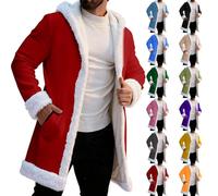 Feelcrag Men Christmas Red Hooded Cardigan Santa Jacket Velvet Santa Coat Red Hooded Cardigan Xmas White Faux Fur Trim Warm Coat with Pocket Christmas Costume for Men S-4XL