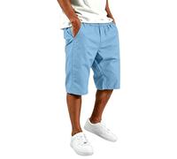 Feelcrag Mens Shorts Elasticated Waist 3/4 Length Summer Trousers Summer Shorts Capri Pants Elasticated Waist Beach Yoga Trousers with Pockets Mens Clothes Cotton Casual Capri Cargo Sky Blue