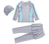 Feelcrag Muslim Swimwear for Girls Beachwear Swimming Costume Girls Skirt Summer Beach Bathing Suit Kids 3 Piece Long Sleeve Swimsuit Rash Guard Top with Pants and Swim Cap Swimwear Set Grey