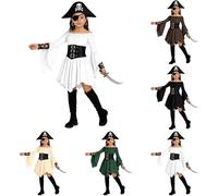 Feelcrag Pirate Costume Girls White Dress Puff Sleeve Off Shoulder Corset Romper Dresses Flowy Layered Jumpsuit Playsuits Girls Medieval Renaissance Asymmetry Hem Vintage Victorian Gothic Dresses