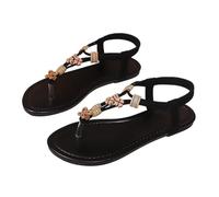 Feelcrag Women's Rhinestone Sandals Head With A Elastic Opening Flat Bottom Beach Sandals (Black, 4.5)