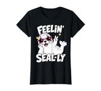 Feelin Seally Cute Harp Seal Pup Pun Dad Joke Value Graphic T-Shirt, Women, Black, XS