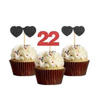 Feeling 22 Cupcake Toppers - Girls Boys 22nd Birthday Cupcake Toppers - I'm 22 Birthday Party Decorations Red Black Glitter - 24 Pcs