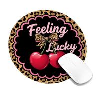 Feeling Lucky Cherries Leopard Print Quote Fanciful Small Mouse Pad | Leopard print motif, Scalloped edge frame, Stylish desk accessory, Vibrant color contrast, Animal pattern design