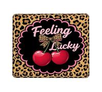 Feeling Lucky Cherries Leopard Print Quote Fanciful Small Mouse Pad | Leopard print motif, Scalloped edge frame, Stylish desk accessory, Vibrant color contrast, Animal pattern design
