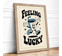 Feeling Lucky Cup Retro Framed Wall Art Print A2 (59.4×42cm) Oak, Wall Decor for Living Room, Bedroom, Office & Home, Ready to Hang, Art Gift