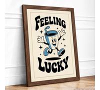 Feeling Lucky Cup Retro Framed Wall Art Print A4 (29.7×21cm) Walnut, Wall Decor for Living Room, Bedroom, Office & Home, Ready to Hang, Art Gift