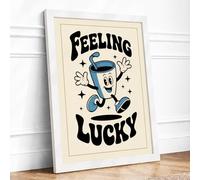 Feeling Lucky Cup Retro Framed Wall Art Print A4 (29.7×21cm) White, Wall Decor for Living Room, Bedroom, Office & Home, Ready to Hang, Art Gift
