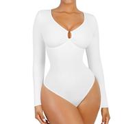 FeelinGirl Bodysuit for Women Deep V Neck U Ring Long Sleeve Body Suits Tummy Control Thong Shapewear Corset Tops for Going Out (White S)