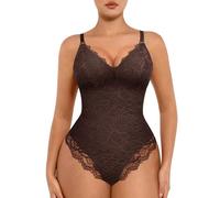 FeelinGirl Lace Body Shaper for Women Tummy Control Full Shapewear V Neck Backless Tank Tops One Piece Bodysuit Thongs Olive Brown XL
