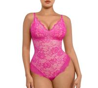 FeelinGirl Lace Bodysuit for Women Tummy Control Shapewear V Neck Backless Tank Tops One Piece Body Shaper Thongs Pink M