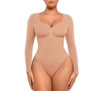 FeelinGirl Long Sleeve V Neck Seamless Bodysuit Chestnut Brown XS