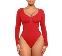FeelinGirl Long Sleeve V Neck Seamless Bodysuit Rust Red XL