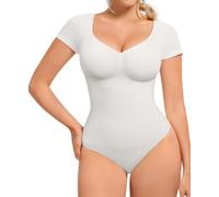 FeelinGirl Short Sleeve Bodysuit for Women V Neck Tummy Control Shapewear Seamless Thong Body Suits Tops, Creamy White 3XL