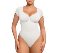 FeelinGirl Short Sleeve Bodysuit for Women V Neck Tummy Control Shapewear Seamless Thong Body Suits Tops, Creamy White S