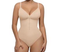 FeelinGirl Women's Tummy Control Shapewear Bodysuit Zip-Up Sculpting Seamless V Neck Thong Snatched Waist Adjustable Straps Khaki XXL