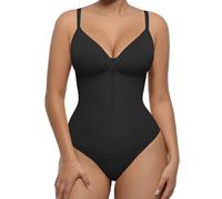 FeelinGirl Women's Tummy Control Shapewear Bodysuit Zip-Up Sculpting Seamless V Neck Thong Waist Adjustable Straps Black L
