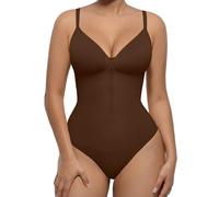 FeelinGirl Women's Tummy Control Shapewear Bodysuit Zip-Up Sculpting Seamless V Neck Thong Waist Adjustable Straps Brown XL