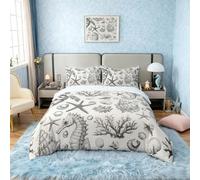 feelingyou 100% Cotton Ocean Theme Duvet Cover Single 2 Pcs Sketch Seahorse Conch Coral Shell Bedding Set for Kids Teens Adults Sea Turtle Starfish Wild Sealife Quilt Cover,1 Pillowcase(No Comforter)