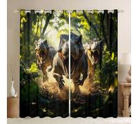 feelingyou 3D Dinosaur Blackout Curtains 2 Panels 66Wx72L Abstract Jungle Wild Animals Decor Window Drapes for Kids Teens Adults Natural Green Trees Plants Curtains for Living Room