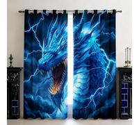 feelingyou 3D Dragon Blackout Curtains Neon Light Blue Lines Dark Clouds Window Drapes for Kids Teens Adults Magical Mysterious Wild Animal Curtains for Living Room 2 Panels 46Wx54L