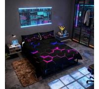 feelingyou 3D Honeycomb Duvet Cover Set King,Hexagon Theme with Pink Blue Neon Lights Comforter Cover,Boys Teen Man Chic Creative Home Bedding Quilt Cover 3 Piece with 2 Pillowcases,Black