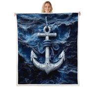 feelingyou 3D Ocean Anchor Throw Blanket Twin 60x80 Natural Blue Sea Waves Print Decor Bed Rug for Kids Teens Adults Nautical Theme Sailing Rope Fleece Carpet for Living Room Couch