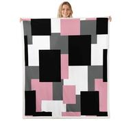 feelingyou Abstract Square Patchwork Kids Throw Blanket,Geometric Plaid Checkered Bed Blanket,Modern Simpel Art Girls Boys Sofa Decor,Pink Black Fuzzy Blanket,Queen Size (90 x 90 Inches)